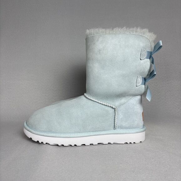 Womens 8 Ugg Boots Bailey Bow Ether Baby Blue Suede Sheepskin Coquette Very Rare - Picture 11 of 16